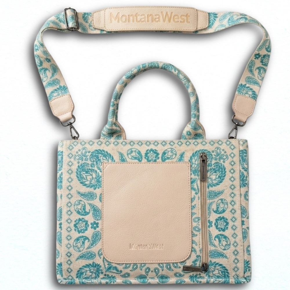 Montana West Paisley Bandana Tote Bag Teal Rhinestone Crossbody Guitar Strap